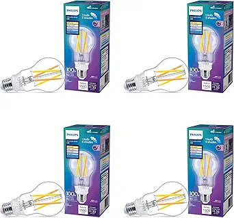 Philips LED Selectable White LED Bulbs 4-Pack, 11 W, A21, 5CCT, Dimmable, EyeComfort, Easy to Use, T20, Clear Glass, E26