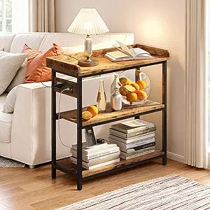 Console Table, Farmhouse Sofa Table with Power Outlet, Narrow Entryway Table with Adjustable Shelf, Rustic Brown
