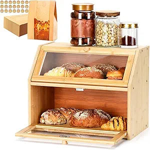 Bread Box for Kitchen Countertop, Large Double Layer Bamboo Bread Storage Box with Clear Door, Includes 20 Bread Bags & Labels, Farmhouse Kitchen Storage Organizer (Natural Bamboo)