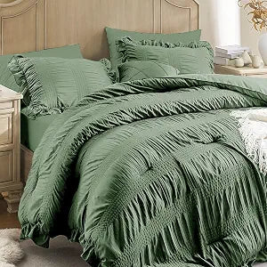 QUIETSEA Twin Comforter Set Seersucker, 5 Pieces Green Ruffle Bed in a Bag