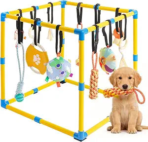 Puppy Play Gym for Small Dogs, 23.6"x 23.6" Large Indoor Dog Jungle Gym with 12 Hanging Toys& Non-Slip Pads, Adjustable PVC Frame, Enrichment & Training Activity Center