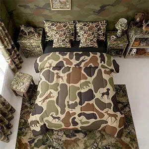 Erosebridal Deer Bear 7 Piece Bedding Set Full Camo Comforter Set with Sheets Hound Turkey Wolf Army Print Bed in a Bag Brown Farmhouse Camouflage for Kids Boys Girls