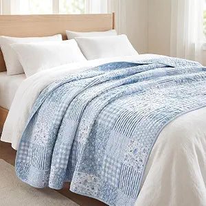 Lumina Blue Floral Throw Quilt, Reversible Lightweight Patchwork