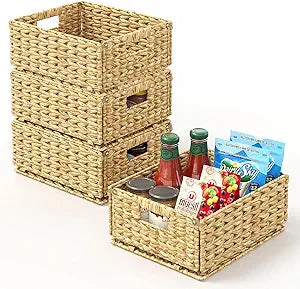 Pantry Wicker Storage Baskets for Shelves, 4 Pack Small Woven Baskets for Storage, Handmade Pantry Organizers and Storage, Boho Decor Water Hyacinth Pantry Organization - Natural