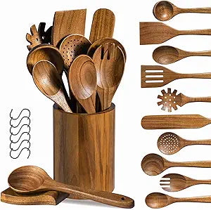 Wooden Utensil Set 12 PCS - Natural Non-Toxic Acacia Wooden Spoons for Cooking, Nonstick, Sturdy, Easy to Clean, Wood Kitchen Utensils Set with Holder, Spoon Rest & 6 Hooks, Ideal for Gifting