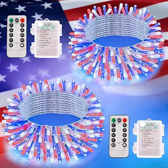 QITONG 2 Pack Red White and Blue Battery Operated Lights, Each 33ft 100 LED 4th of July String Lights Outdoor, Clear Wire Twinkle Light with Remote for Patriotic Independence Memorial Day Decor