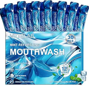 Travel Size Mouthwash Packets - Mini Mint Mouthwash for Adults, Alcohol & Fluoride Free, TSA Friendly Travel Toiletries, Individually Wrapped, Fresh Breath for Travel, Office, On the Go, 30 Pack