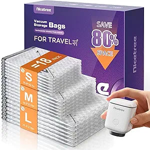 Nicetree 18-Pack Vacuum Bags for Travel with Rechargeable Pump, Compression Packing Bags for Carry-On Luggage & Suitcase, Vacuum Seal Bags for Clothing, 3 Sizes for Travel & Home Storage