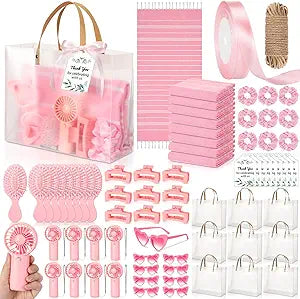 Hortsun 9 Sets/72 Pcs Turkish Beach Towel Gifts Mini Handheld Fans Hair Clips Brushes and Scrunchies Sunglasses Ribbon Rope Greeting Card with Tote Bag for Bachelorette Pool Party Wedding Favor(Pink)
