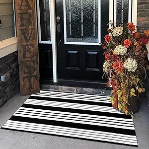 Black and White Striped Outdoor Rug, 3x5 Cotton Modern Front Porch Door Mat Hand-Woven Reversible Patio Rug Washable Layered Doorway Carpet for Farmhouse/Kitchen/Living Room