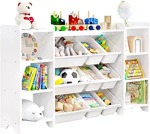 MallBest 57" Extra Wide Kids Bookshelf and Toy Storage Organizer, Solid Pine Wood Frame Playroom Organizer with 9 Bins, 4-Tier Toy Organizer for Kids Room, Nursery and Bedroom,White