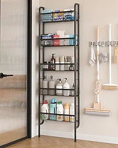 UMDONX Behind The Door Bathroom Shelf Narrow 5-Tier, Space-Saving Slim Storage Shelf Narrow Shelving Unit for Bathroom and Kitchen Black