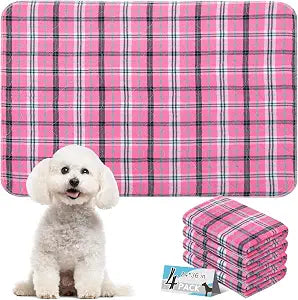 Washable Pee Pads for Dogs - 24x36 4PCS, Whelping Pad for Puppy Training, Playpen Crate Bed Floor Protector, Reusable Dog Potty Pads Non-Slip, Super Absorbent & Odor Controlling, Pink Plaid