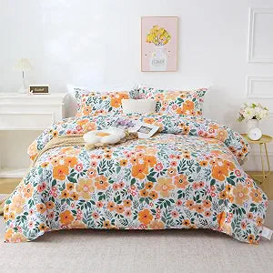 Mooreeke Floral Queen Size Comforter Sets, Green and Yellow Botanical Patterned Bedding for All Seasons, 3-Piece Vintage Bed in a Bag with Fluffy Quilted Reversible Comforter & 2 Pillow Shams