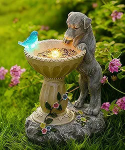 Nacome Solar Dog Garden Statues: Weatherproof Resin Decor with Automatic Lighting - Outdoor Yard Lawn Patio Balcony Art - Gifts for Mom Grandma Women Bird Lovers