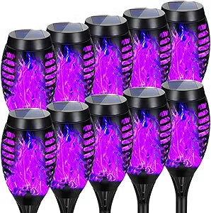 Solar Lights Outdoor, Upgraded 10 Pack Purple Solar Torch Lights Outdoor Flickering Flame for Garden Decor, Waterproof Outdoor Lights Solar Powered, Tiki Torches for Outside Yard Pathway Decor