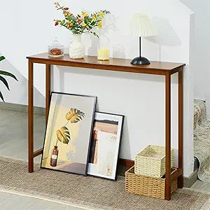 Bamboo Narrow Console Table, 39.4"(L) Wood Small Entryway Table, Accent Slim Hallway Tables, Thin Sofa Side Tables for Hallway, Living Room, Bedroom, Foyer, Walnut