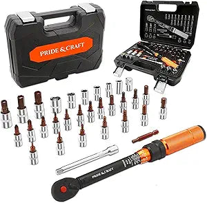 PRIDE&CRAFT 32Pcs Torque Wrench Set, 1/4 Inch Drive, 10-220 IN.LB Inch Pound Click Torque Wrench with Bit Sockets, 3/8 Adapter,Accuracy: 3% Adjustable Torque Wrench for Bike, Motorcycle, Car