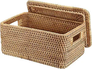 Hipiwe Rattan Basket with Lid Rectangular Lidded Basket Natural Hand-Woven Wicker Storage Basket Bin for Shelf Organizing Picnic Food Bread Table Storage Basket, 12"x7.9"x 5.9"