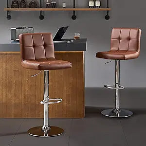 Bar Stools Set of 2, Thickened Seat Cushion Square Swivel Bar Stools with Back, Adjustable Counter Height Bar Chairs for Kitchen Island, Dining Room, Brown