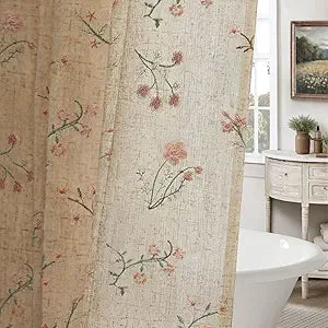 Floral Farmhouse Vintage Linen Shower Curtain, French Country Embroidered Textured Shower Curtains for Bathroom, 72Wx72H