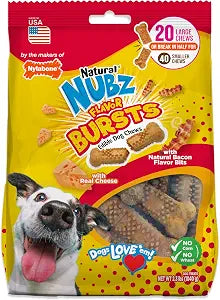 Nylabone Nubz Flavor Bursts Natural Dog Chews for Small Dogs, Long Lasting Chew Bones Made in the USA, Grain-Free Dog Treats, Bacon & Cheese Flavor, for Dogs Over 30 lbs. (20 Count)