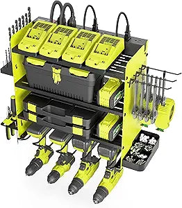 Power Tool Organizer with Charging Station, 4 Layers Drill Holder Wall Mount, Metal Garage Rack with 8 Outlet Power Strip, Tool Shelve Drill Bit Storage, Christmas Gift for Men Dad(Green&Black)