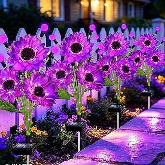 Kohlrabi 4 Pack Purple Solar Sunflowers with Swaying Firefly Lights, Gifts for Mom Women Mothers Day Birthday, Solar Garden Lights Waterproof Firefly Sunflower Light for Outdoor Patio Yard Decor