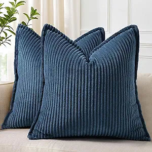 decorUhome Summer Patriotic Corduroy Navy Blue Coastal Euro Sham Throw Pillow Covers 26x26 Set of 2 Decorative Soft Boho Farmhouse Couch Pillow Covers for Bed Sofa Broadside Striped Pillow Cases