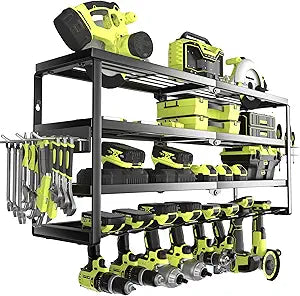 MOOMSINE 4 Layer Power Tool Organizer Wall Mount, Battery Tools Holder with Charging Station Shelf, Cordless Drill Hanger Storage Rack for Garage Organization, Workshop, Pegboard - 32 Inch 8 Slots