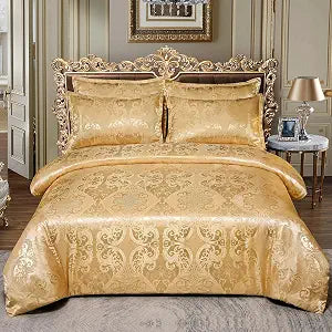 Queen European Luxury Satin Embroidery 3-Piece Gold