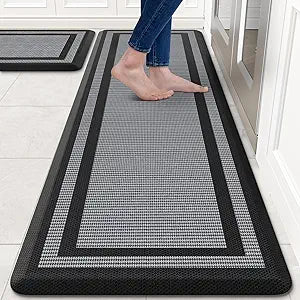 KitchenClouds [2 PCS] Kitchen Rugs Cushioned Anti-Fatigue Kitchen Mats for Floor Waterproof Kitchen Rug Set Non-Slip Comfort Standing Mat for Office, Sink, Laundry 17.3"28"+17.3"60",Black