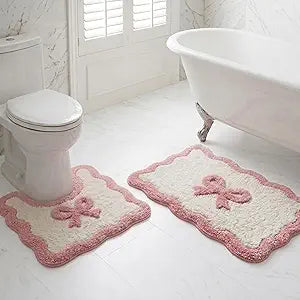 Coquette Bath Mat Set - 2pcs Soft & Absorbent Microfiber Bath Rugs, Non-Slip TPR Backing, Washable Bathroom Mats with Cute Bow Design, for Bathroom, Shower, Tub, and Sink - Pink