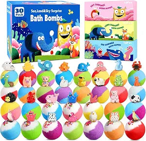 30 Pack Bath Bombs for Kids with Toys Inside, Kid Bath Bombs Gift Set with 30 Sea & Land & Sky Animal Surprise Toys, Stocking Stuffers for Kids Boys Girls, Christmas Gift, Natural Bubble Bath Fizzy