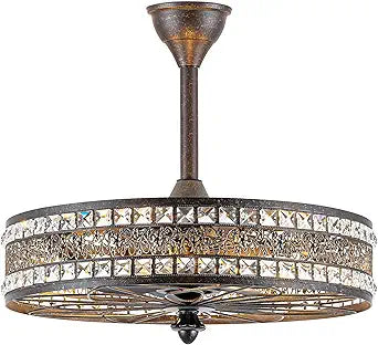 Chandelier Ceiling Fan with Light, Vintage Crystal Victorian Art Deco Elegant Fandelier, Caged Bladeless Enclosed Drum Pendant Light Fixture for Dining Room, Bedroom, Kitchen Island, Entryway