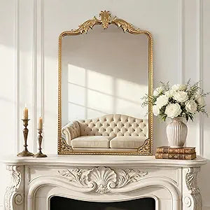 Gold Arched Mirror - Vintage Wall Mounted Mirror: 28" 39" Large Matt Gold Antique Wall Decor - Baroque Traditional Ornate for Entryway/Fireplace/Bathroom/Hallway
