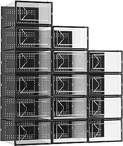 Foluck Shoe Storage Box, 15 Pack Clear Plastic Stackable Organizer for Closet, Interlocking Design Container Bins for Sneakers, Foldable Shoe Rack for Closet,Entryway, Black