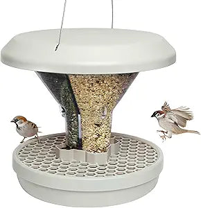 SWISSINNO Bird Feeders - No Mess Hanging Bird Feeder for Outdoors - Smart Birds Davos Spill Proof Wild Cardinal & Small Bird Feeder with Integrated Seed Catcher Tray - Dual Chamber - Light Grey