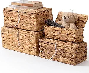 BreezeHug Set of 4 Wicker Storage Baskets with Lid Large Water Hyacinth Rectangular Rattan Basket Decorative Boxes for Shelf Home Organization