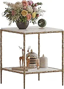 Antique Square End Table with Faux Marble Wood Top, 20" Gold Side Table with 2-Tier Open Storage Shelves, Modern Square Accent Table with Antique Brass Finish for Living Room, Bedroom