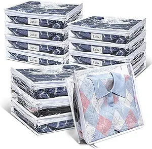 Hoolerry 12 Pcs Clear Zippered Storage Bags Pvc Sweater Sheet Organizer Plastic Sheet Storage Sweater Bags With Zipper And Label Pocket Container For Clothes Closet Linen Pillow (14 x 12 x 3 Inch)