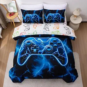 Meeting Story Gamer Comforter Set for Boys, 3D Game Controller Design Boys Twin Bedding Sets, 5 Pieces Gaming Bed Set for All Seasons, Lightweight Soft Twin Comforter Set(Blue)