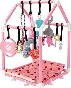 Puppy Play Gym Playground with Dog Toys Removable Dog Enrichment Playground, Interactive Indoor Training Center for Small Dogs and Puppies, Teething with Squeaky Toys (Pink,Pentagon)