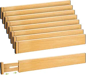 Fyvva Drawer Divider, Adjustable Bamboo Kitchen Drawer Organizer, Spring Loaded Drawer Organizer, Dresser Separators for Kitchen, Bathroom, Clothes, Office Desk Storage (Natural, 8 Pack Large)