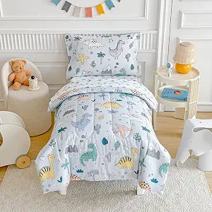 Joyreap 4 Piece Toddler Bedding Set, Cute Dinosaur on Light Blue, Ultra Soft Microfiber Toddler Comforter for Kids Boys Girls, Includes Quilted Comforter, Fitted Sheet, Top Sheet, and Pillow Case
