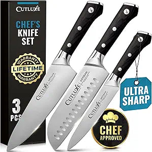 Cutluxe Chef Knife Set, 3 PCS Professional Chef's Knife Set  Razor Sharp German Steel, Full Tang, Ergonomic Handles - Artisan Series