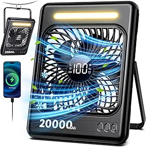 20000mAh Portable Rechargeable Fan, Max 60H Runtime, Ultra-Slim Camping Fan, 5 Speeds Battery Powered Fan with LED Lantern, 2/4/6/8 Timer Personal Travel Fan for Cruise Fishing Ship Tent Office Home