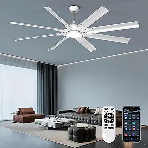 Ohniyou 72 Inch Industrial Ceiling Fan with Lights Remote Control, Large Ceiling Fan with 8 Aluminum Blades, 3 CCT, 6-Speed Quiet DC Motor for Living Room, Covered Outdoor, Shop, Garage(Silver)