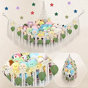 82.7x59x59 Inch Jumbo Stuffed Animal Storage Hammock Corner, Cream Macrame Green Leaf Hanging Stuffed Animal Net Organizer for Stuffy Plushie, Boho Toy Hammock Holder w/LED Light for Boy Girl Gift