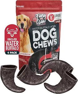 4 Pack Water Buffalo Horns for Dogs, Large 8 Inch - Natural Antler & Rawhide Bone Alternative for Aggressive Chewers, Long Lasting Single-Source Grass-Fed Dog Chew